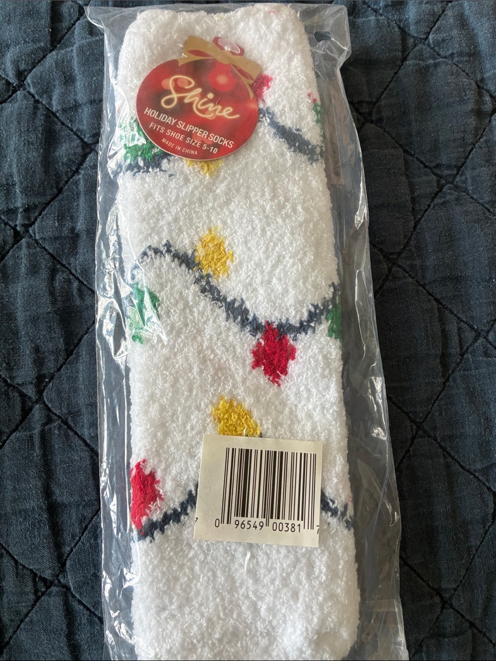Holiday White Plush Slipper Socks with Multi-Color Lights